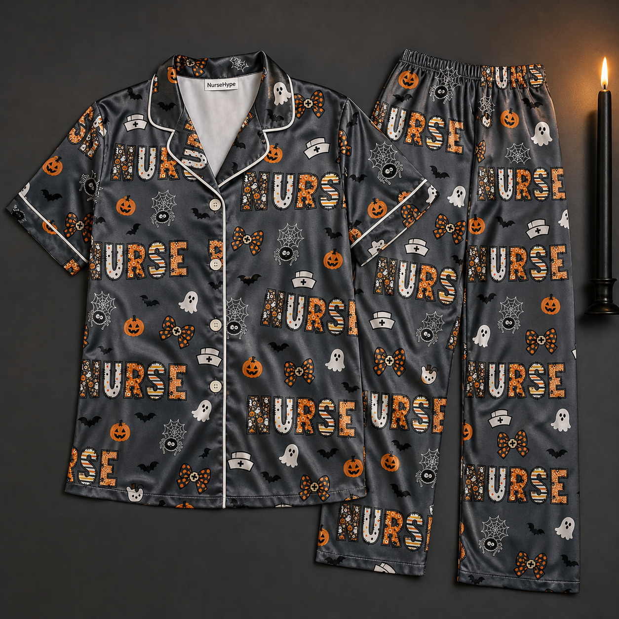 Spider Web Ghost Nurse Halloween Satin Pajama Set - Long flat lay