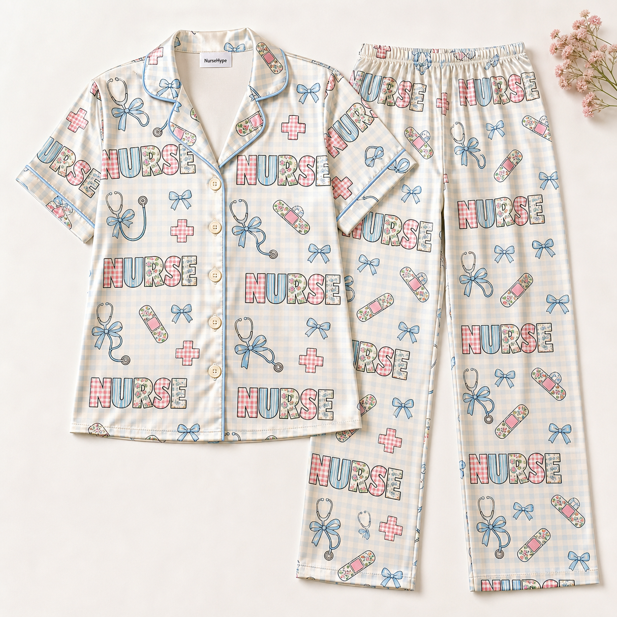 Pastel Gingham Nurse Bow Satin Pajama Set - Long Style Flat Lay