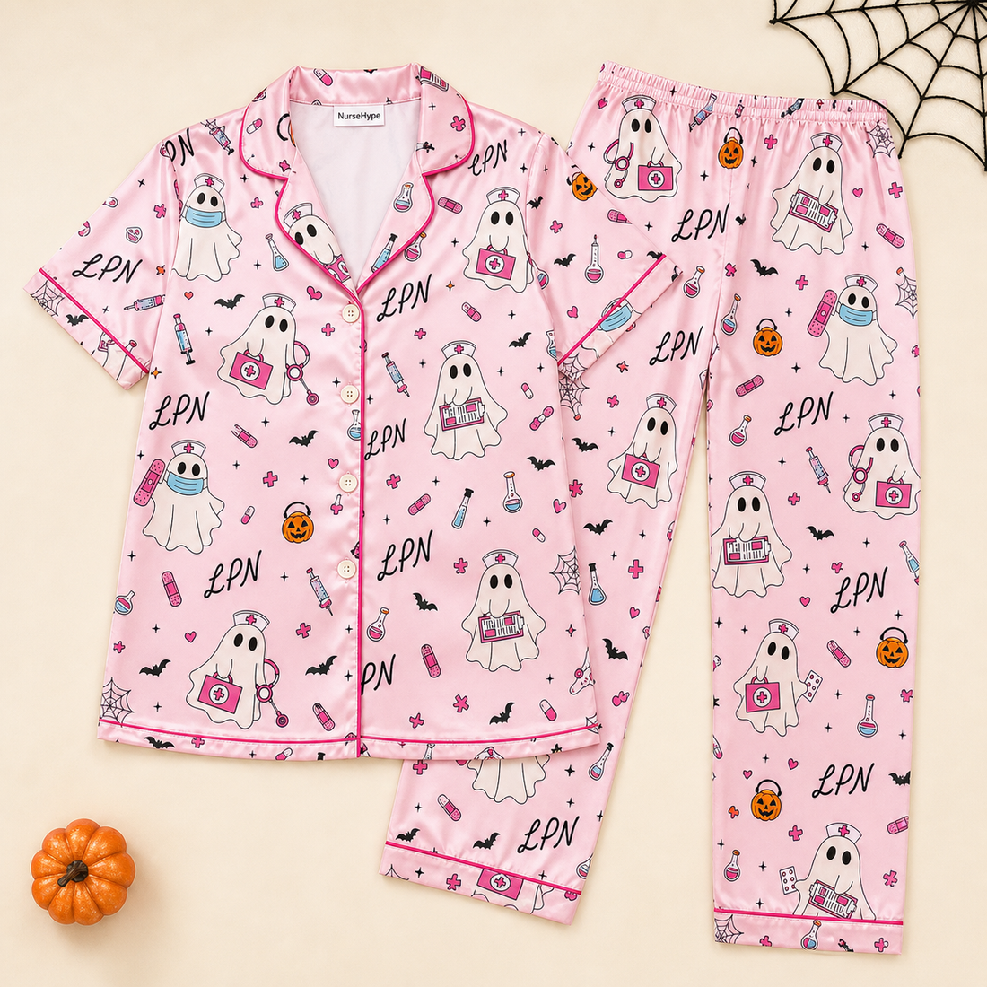 Pink Ghost Nurse LPN Halloween Satin Pajama Set - Short flat lay