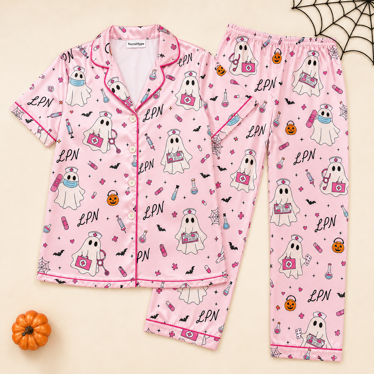 Pink Ghost Nurse LPN Halloween Satin Pajama Set - Long flat lay