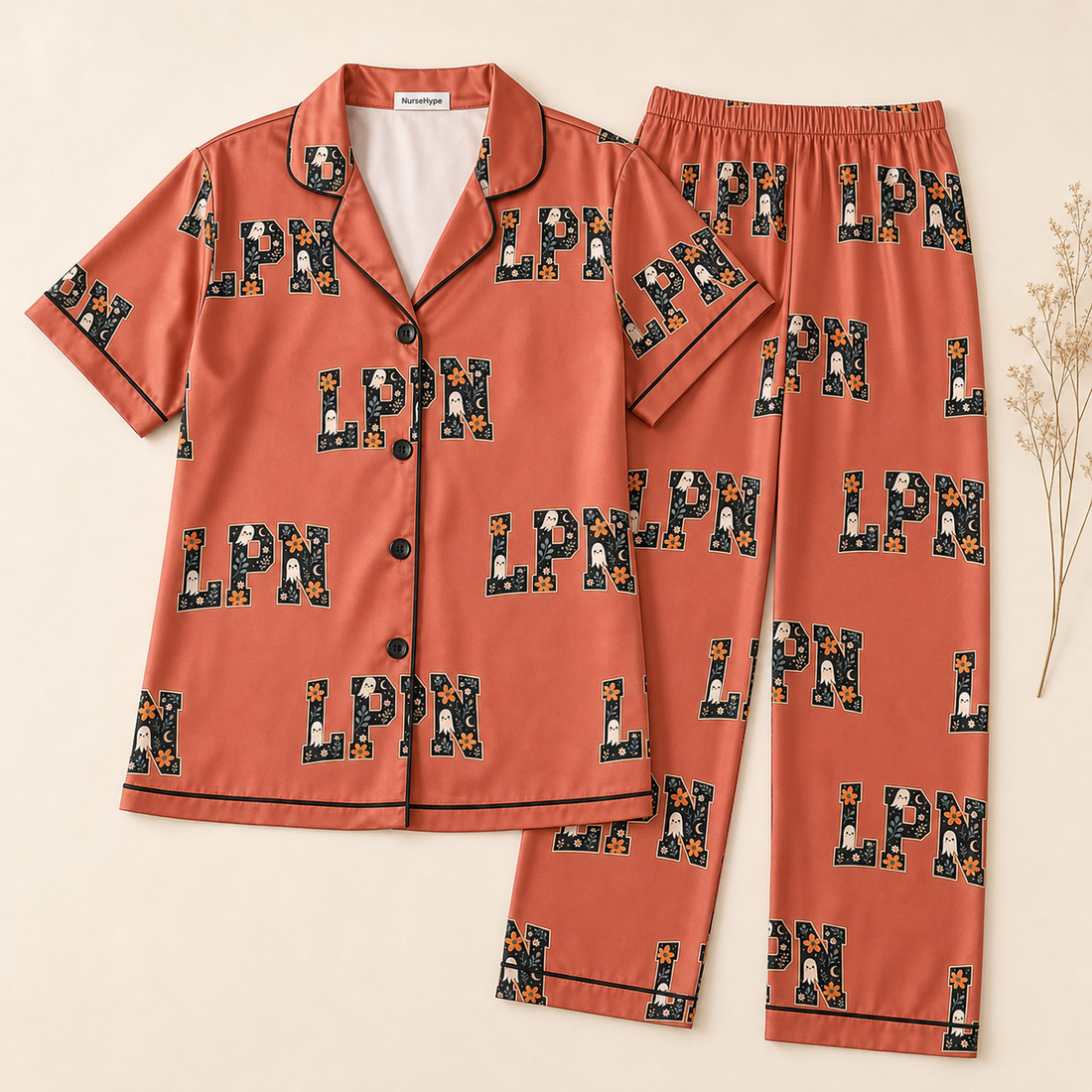 Terracotta Floral Ghost LPN Halloween Satin Pajama Set