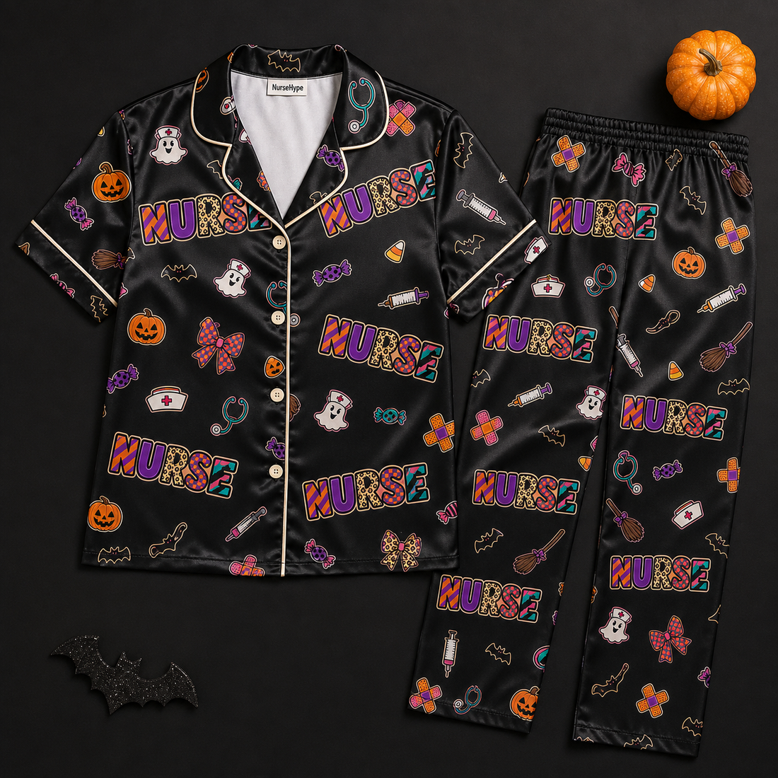 Nurse Halloween Candy Bandage Black Satin Pajama Set - Short flat lay