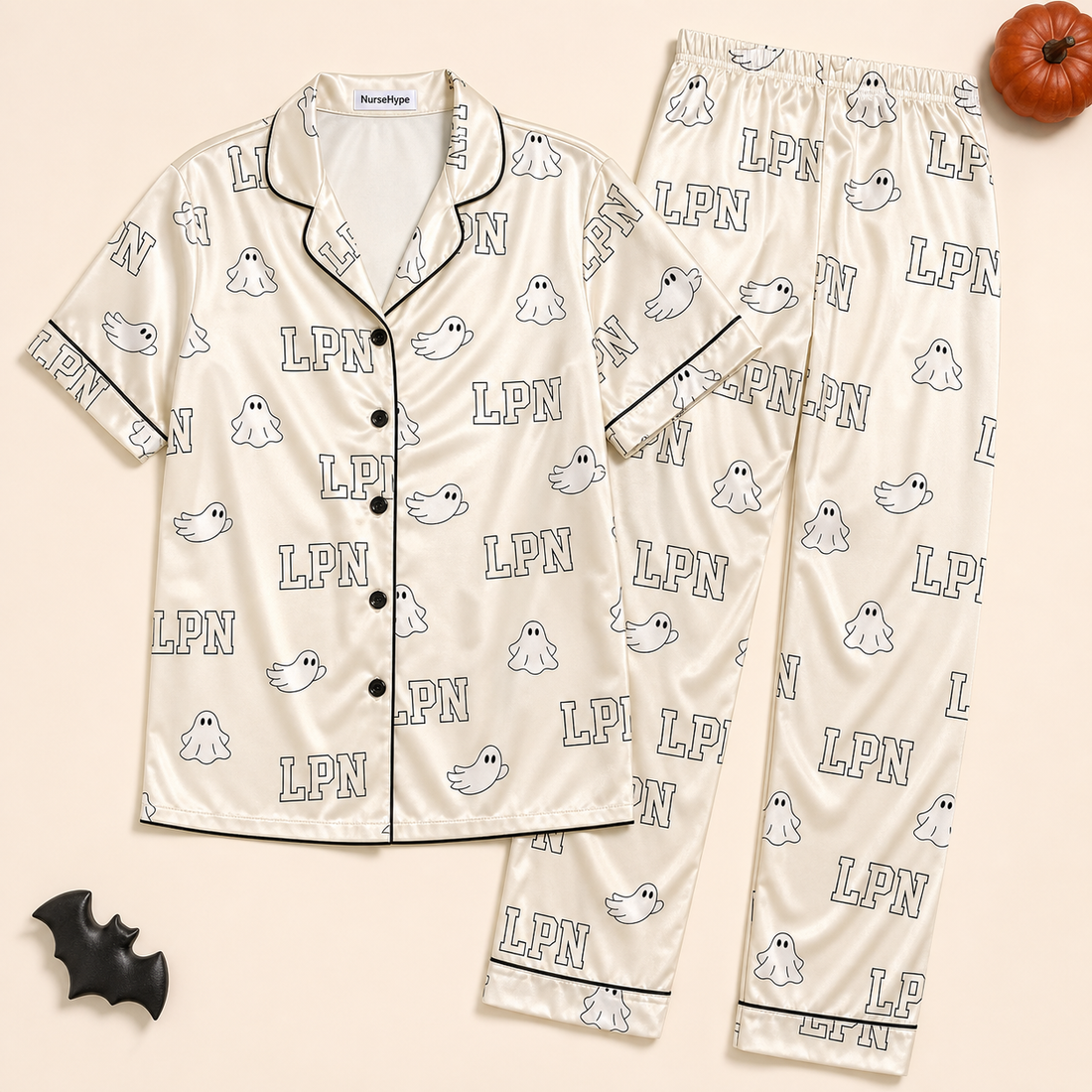 Collegiate Ghost LPN Halloween Satin Pajama Set