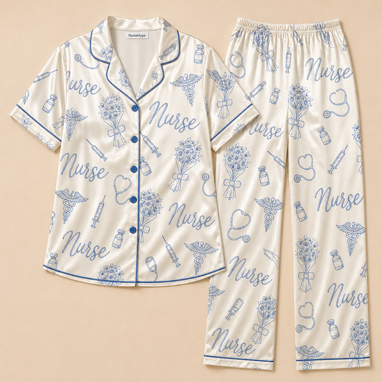 Nurse Caduceus Floral Bouquet Line Art Satin Pajama Set - Long Style Flat Lay