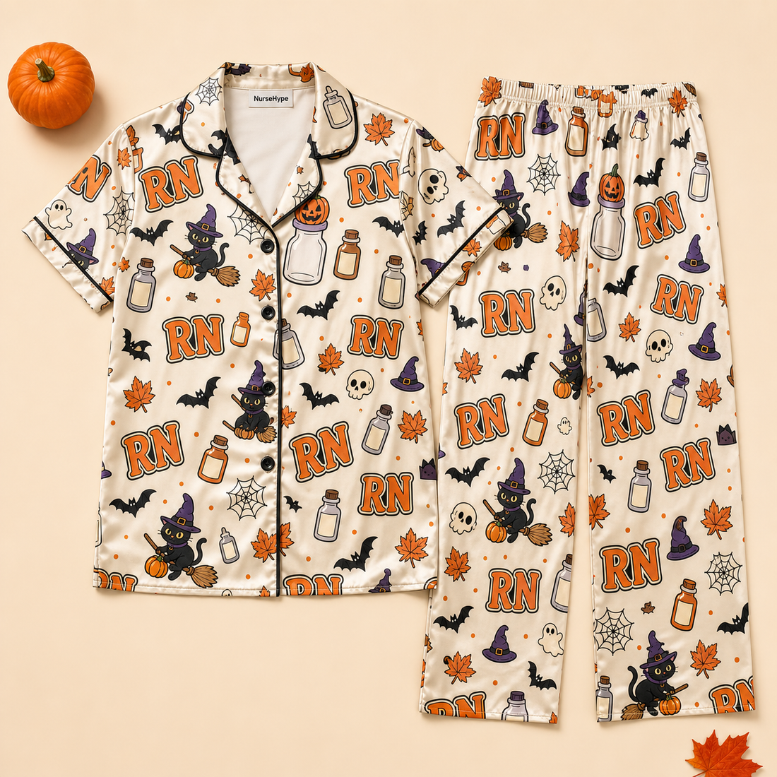 Witch Cat RN Halloween Satin Pajama Set