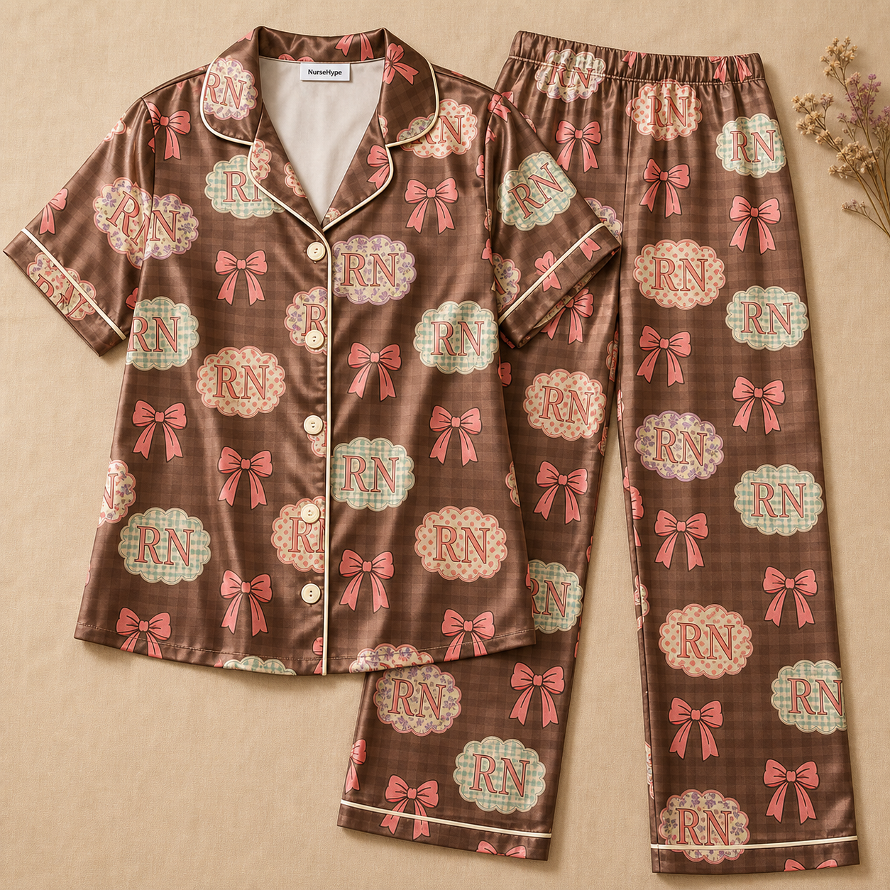 RN Scalloped Patch Bow Brown Plaid Satin Pajama Set - Long Style Flat Lay