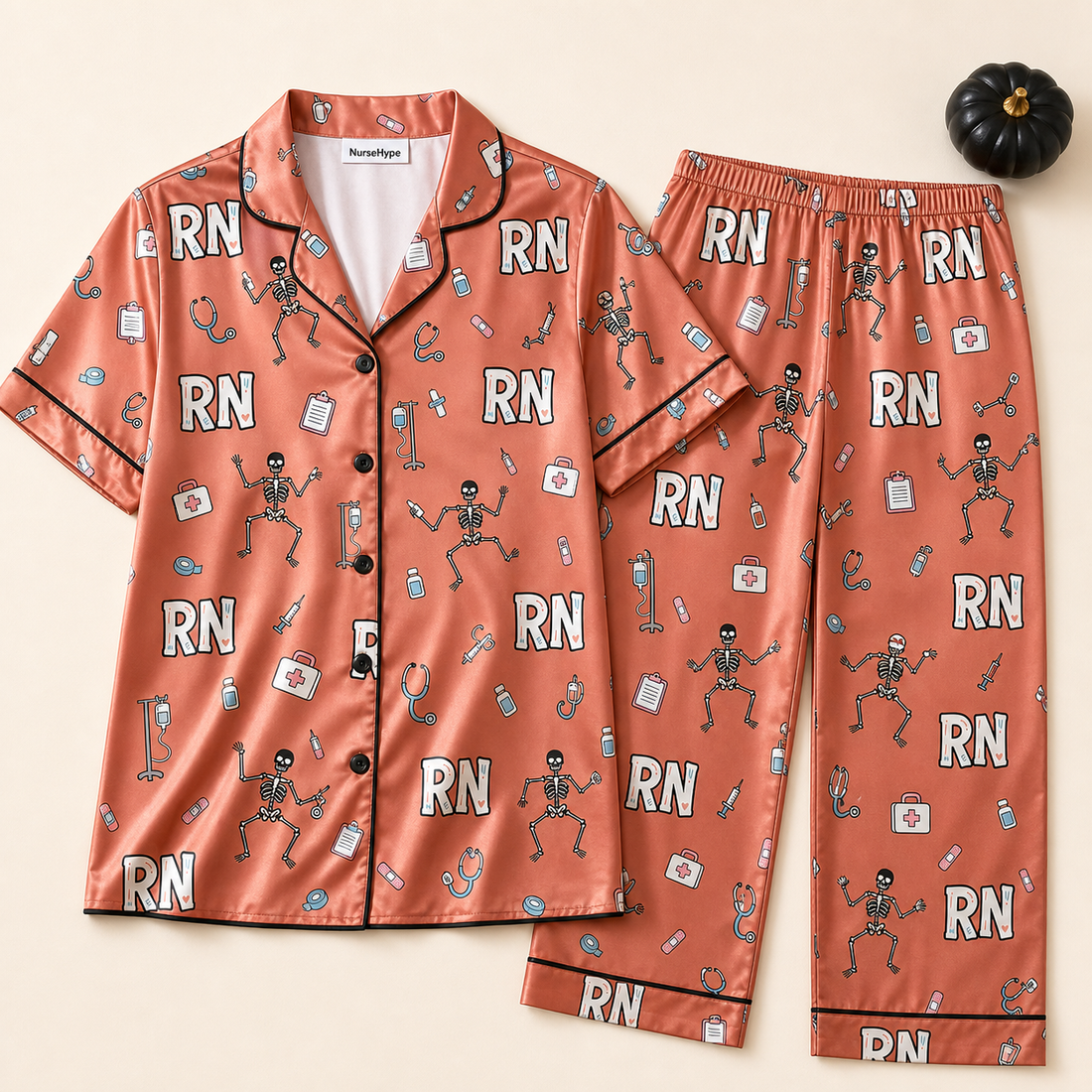 Dancing Skeleton RN Halloween Satin Pajama Set