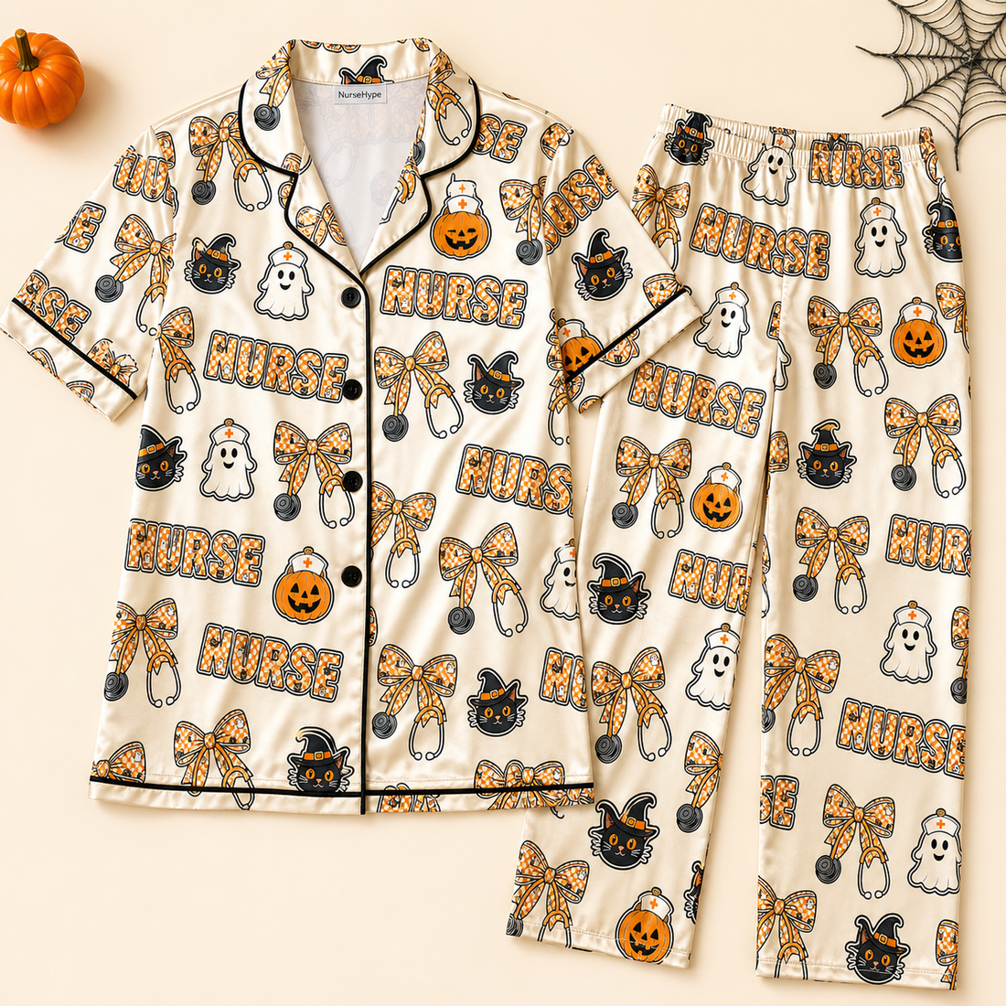 Black Cat Ghost Nurse Halloween Satin Pajama Set - Short flat lay
