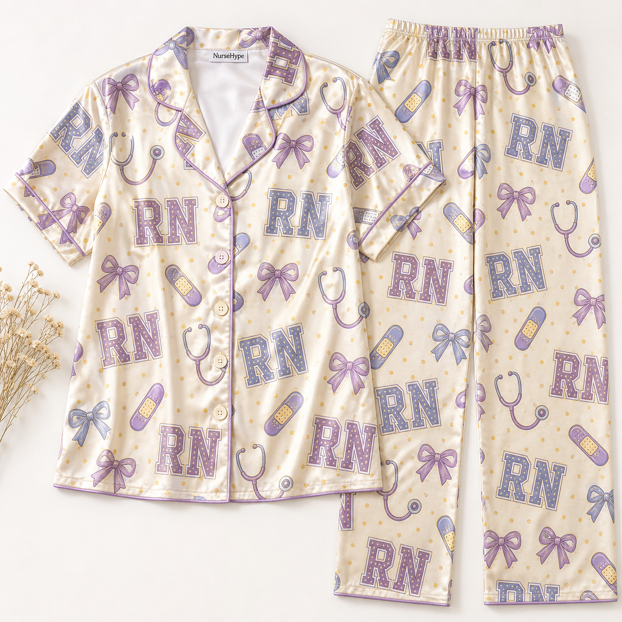 RN Polka Dot Varsity Bow Purple Satin Pajama Set - Long Style Flat Lay