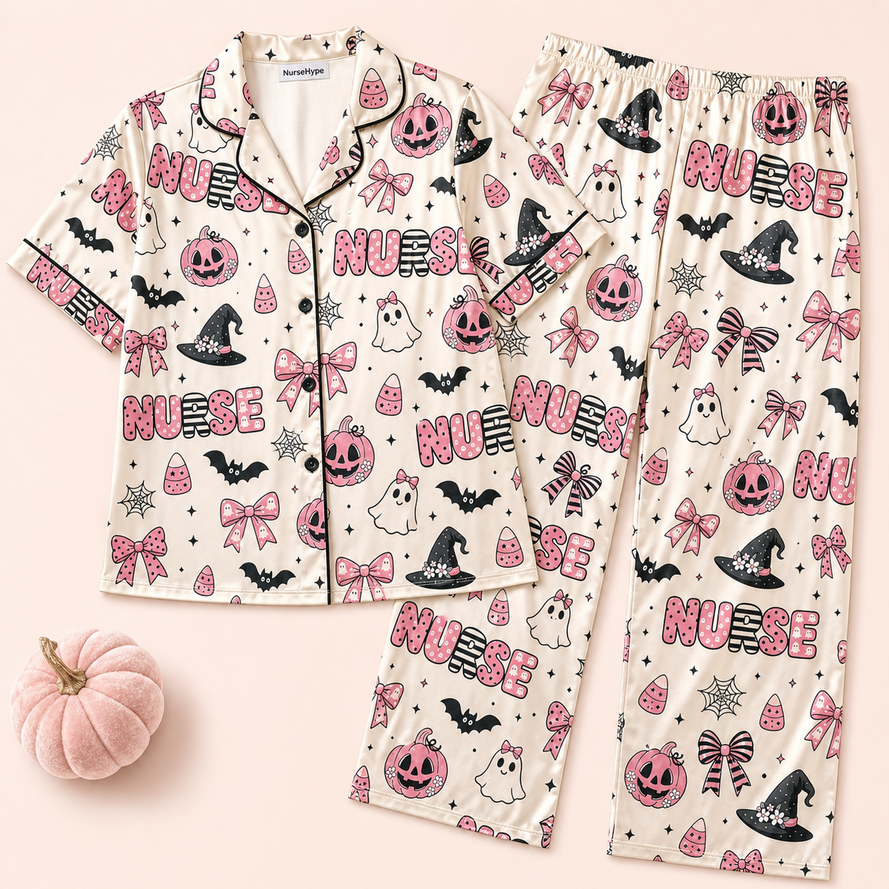 Pink Pumpkin Witch Hat Nurse Halloween Satin Pajama Set - Long flat lay