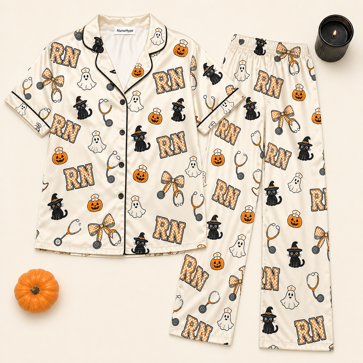 Ivory Black Cat Ghost RN Halloween Satin Pajama Set
