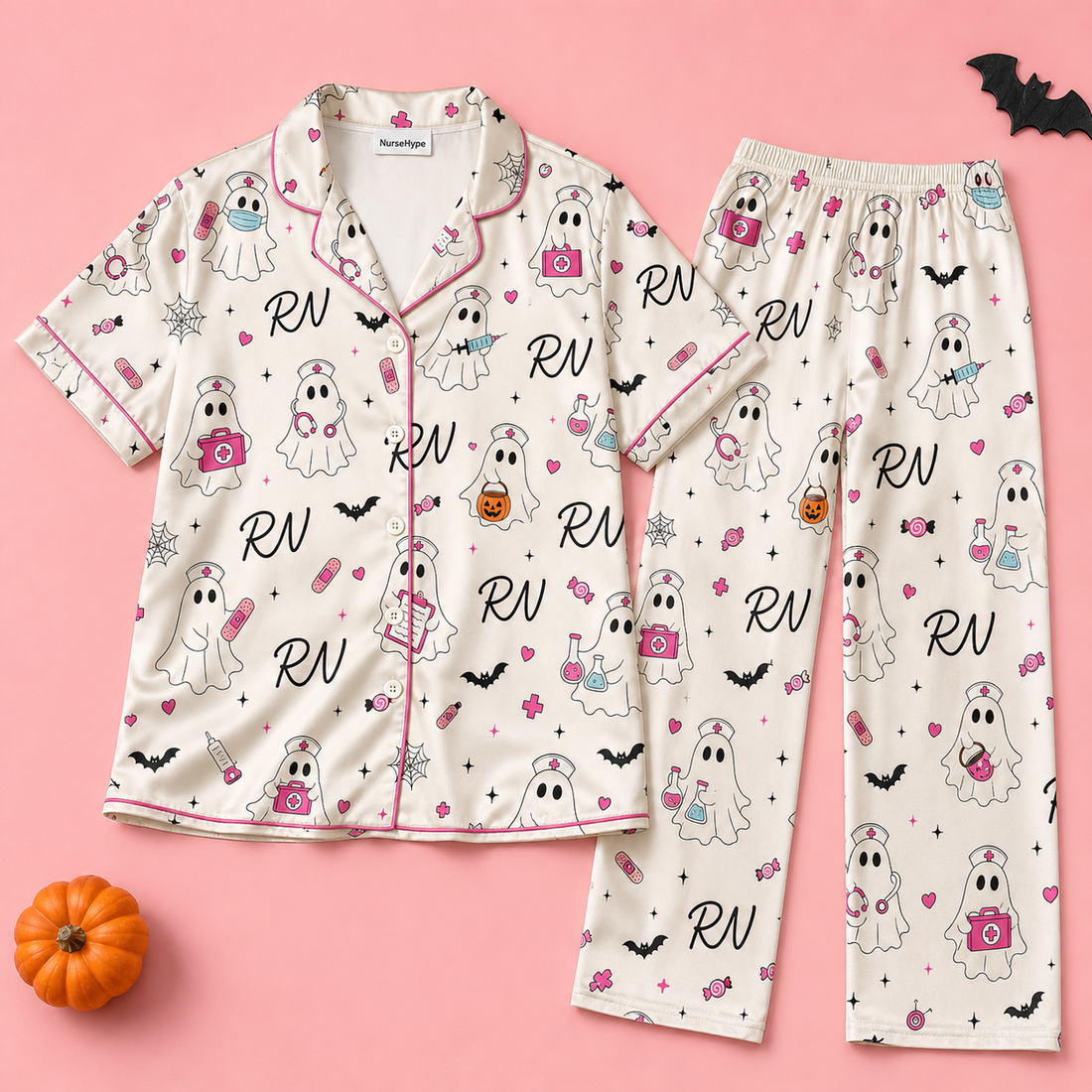 Cream Pink Ghost Nurse Halloween Satin Pajama Set
