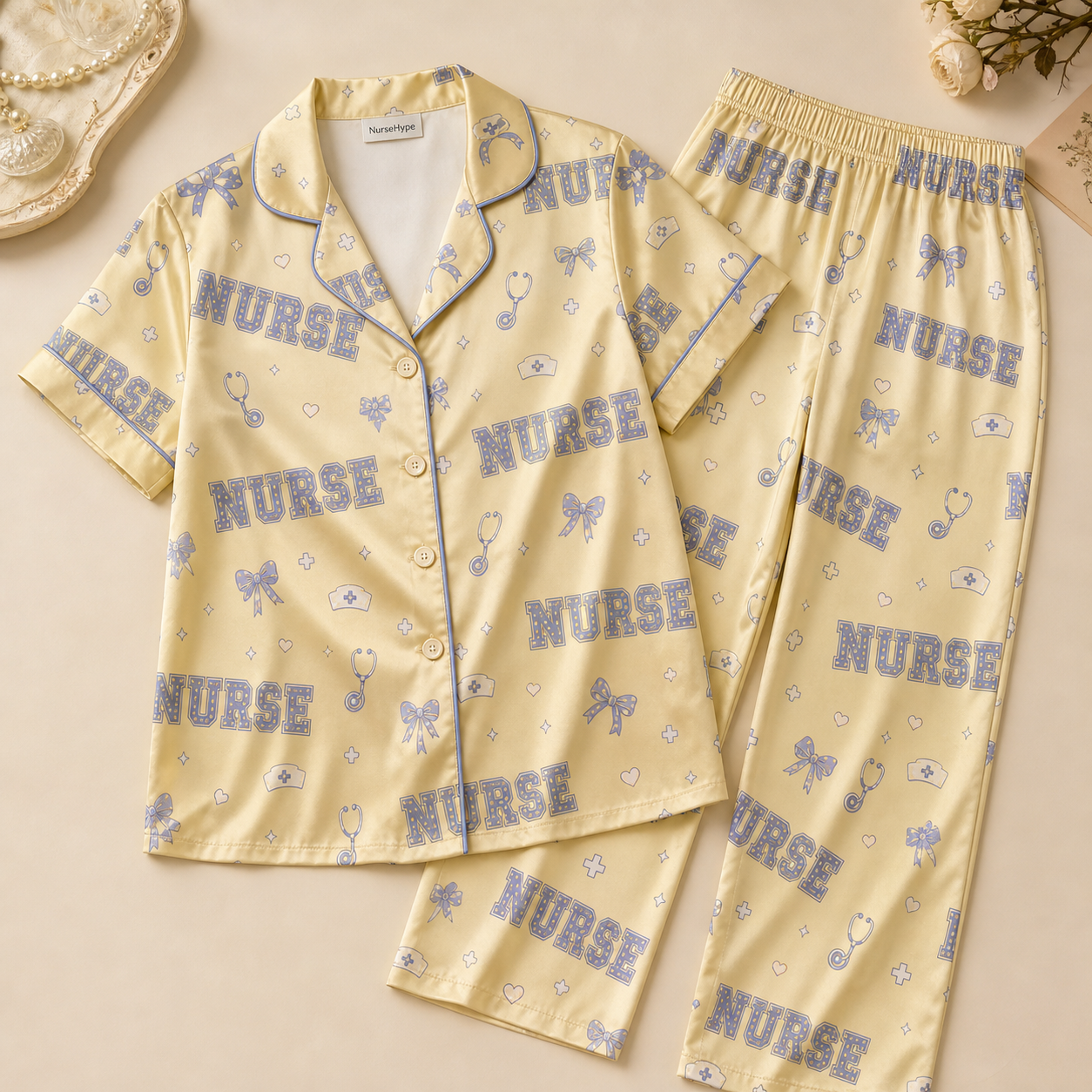 Polka Dot Nurse Bow Satin Pajama Set - Long Style Flat Lay