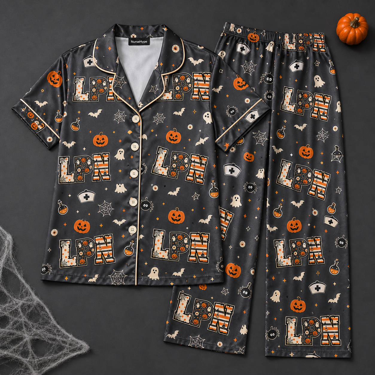 Black Spider Potion LPN Halloween Satin Pajama Set