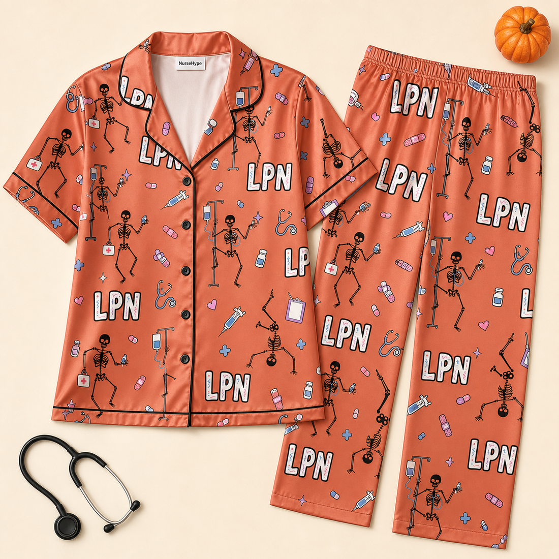 Dancing Skeleton LPN Halloween Satin Pajama Set