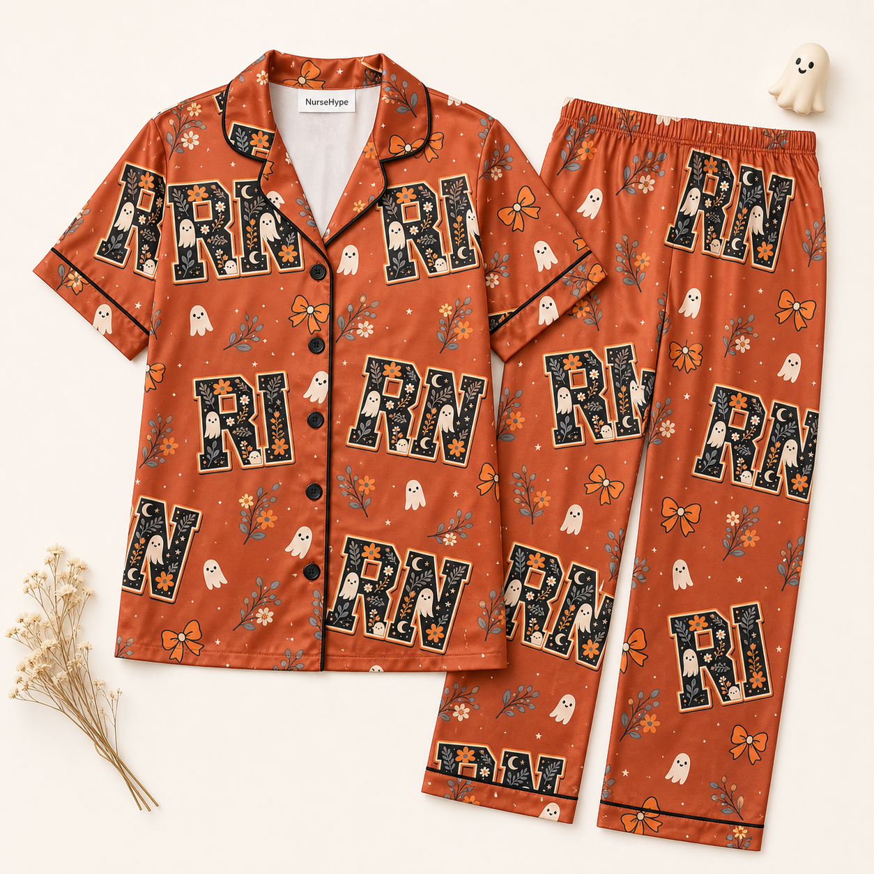 Boho Ghost Bow RN Halloween Satin Pajama Set - Long flat lay