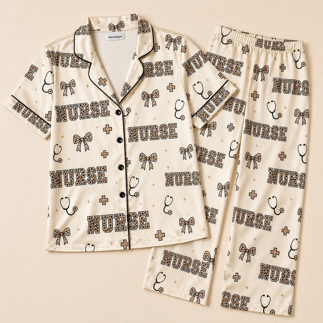 Leopard Print Nurse Varsity Satin Pajama Set - Short Style Flat Lay