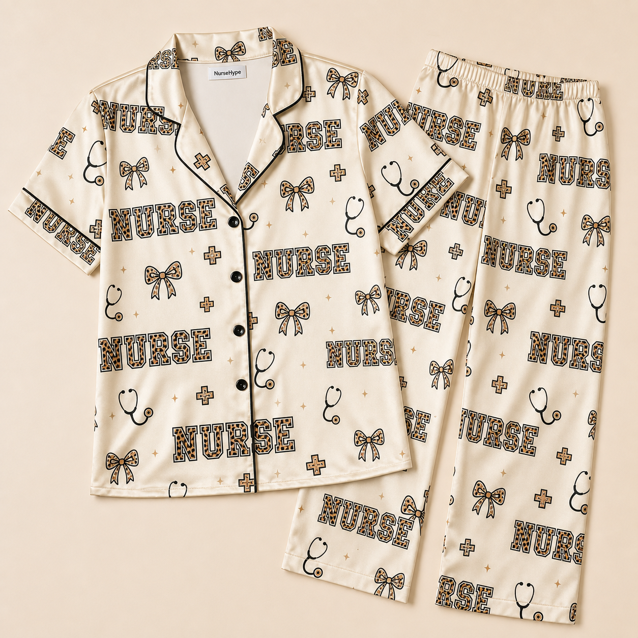 Leopard Print Nurse Varsity Satin Pajama Set - Long Style Flat Lay