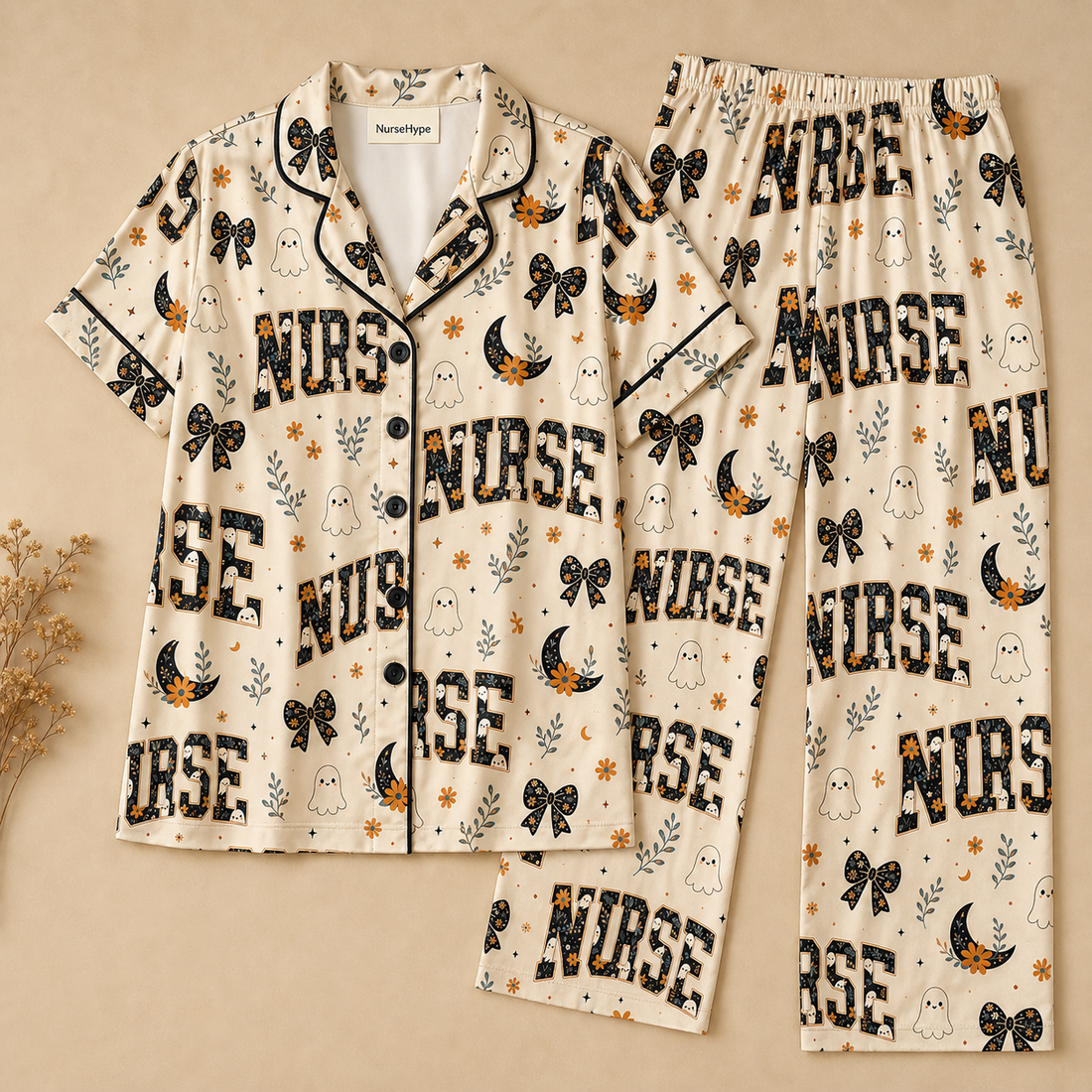 Cute Ghost Bow Nurse Halloween Satin Pajama Set - Short flat lay