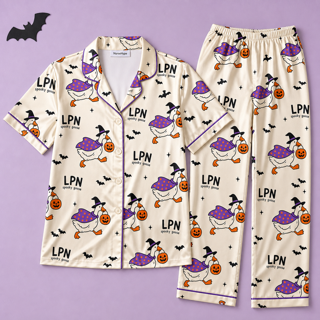 Spooky Goose LPN Halloween Satin Pajama Set - Short flat lay
