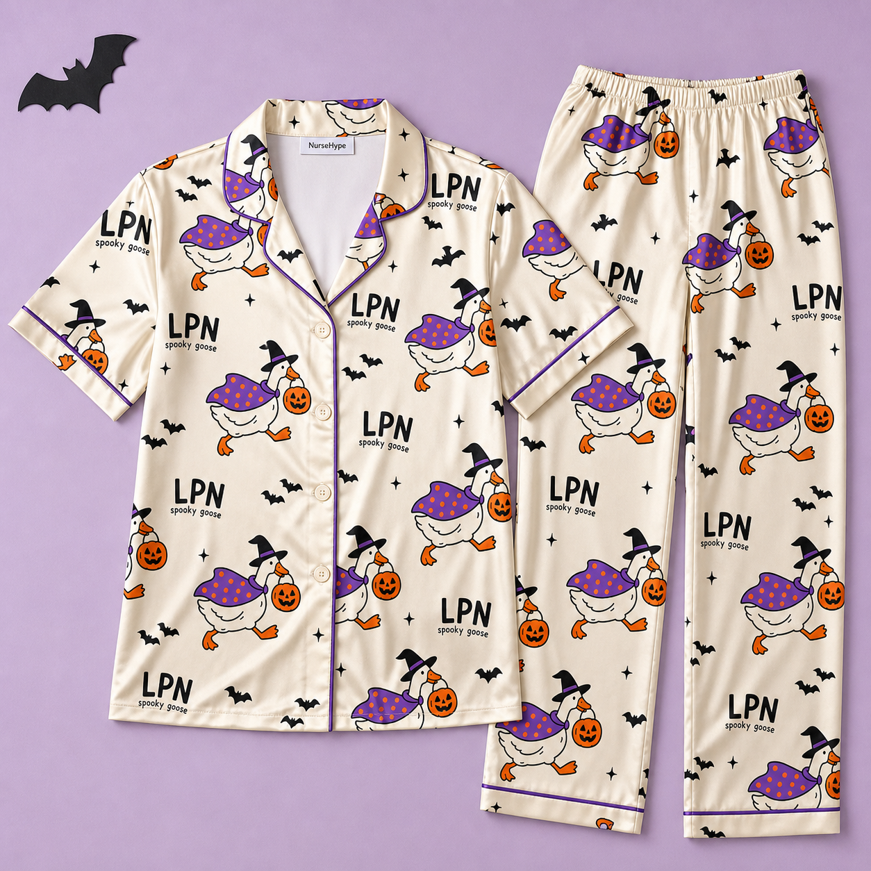 Spooky Goose LPN Halloween Satin Pajama Set - Long flat lay
