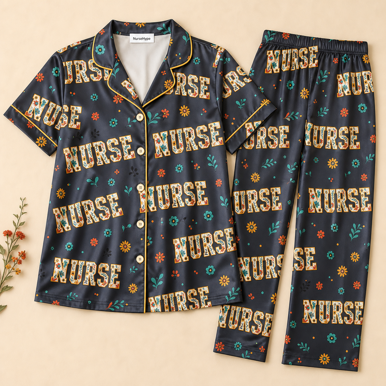 Retro Wildflower Nurse Navy Satin Pajama Set