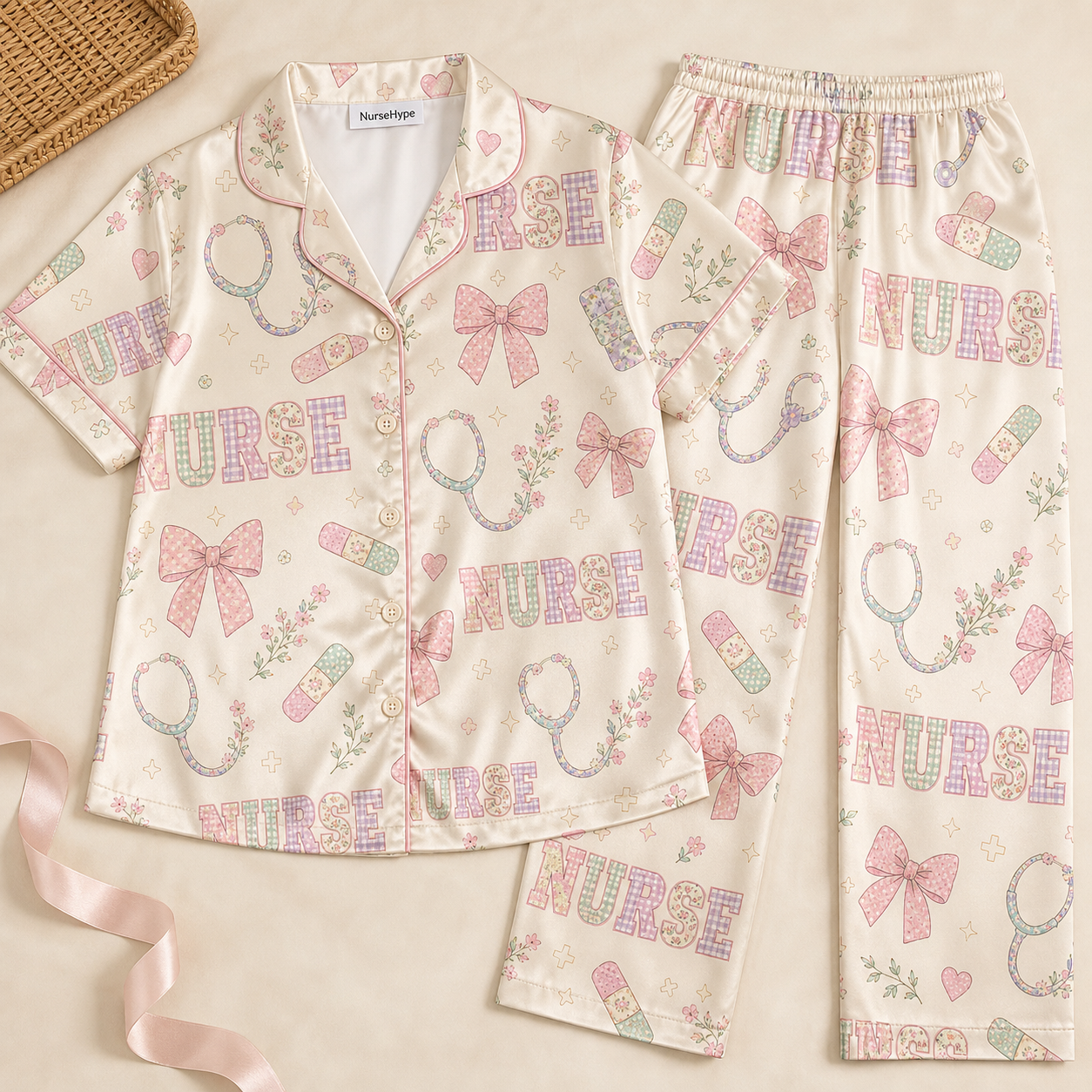 Cute Nurse Patchwork Bandage Bow Ivory Satin Pajama Set - Long Pajama Set flat lay