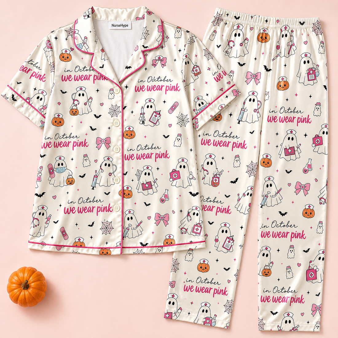 In October We Wear Pink Nurse Satin Pajama Set - Short flat lay