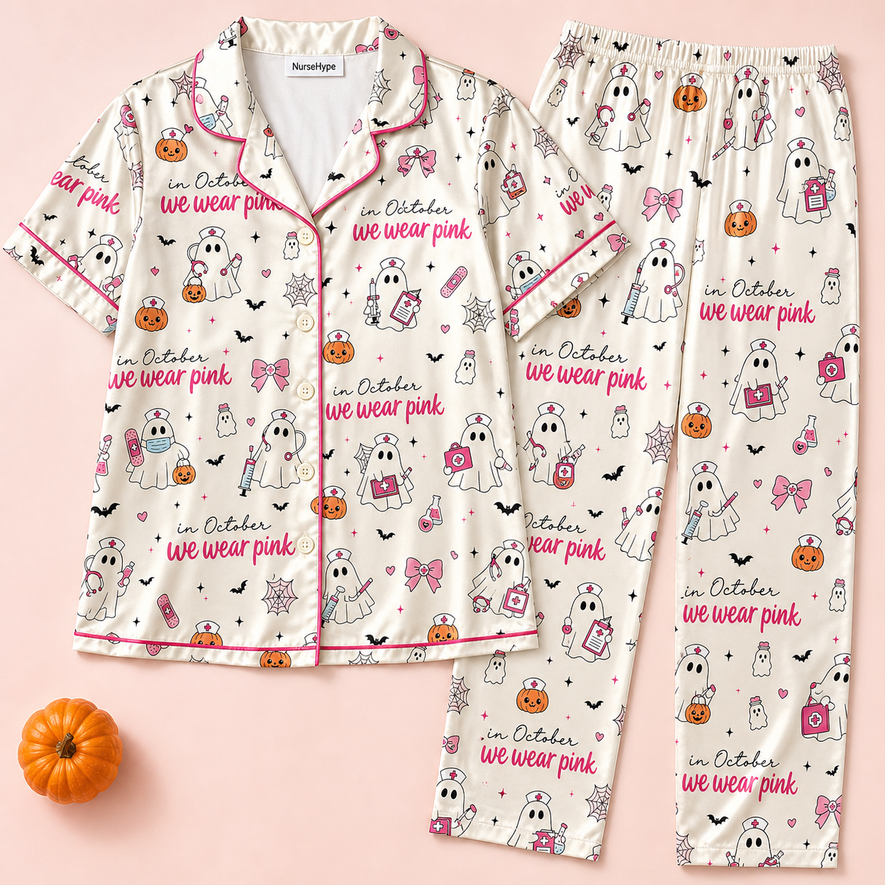 In October We Wear Pink Nurse Satin Pajama Set - Long flat lay