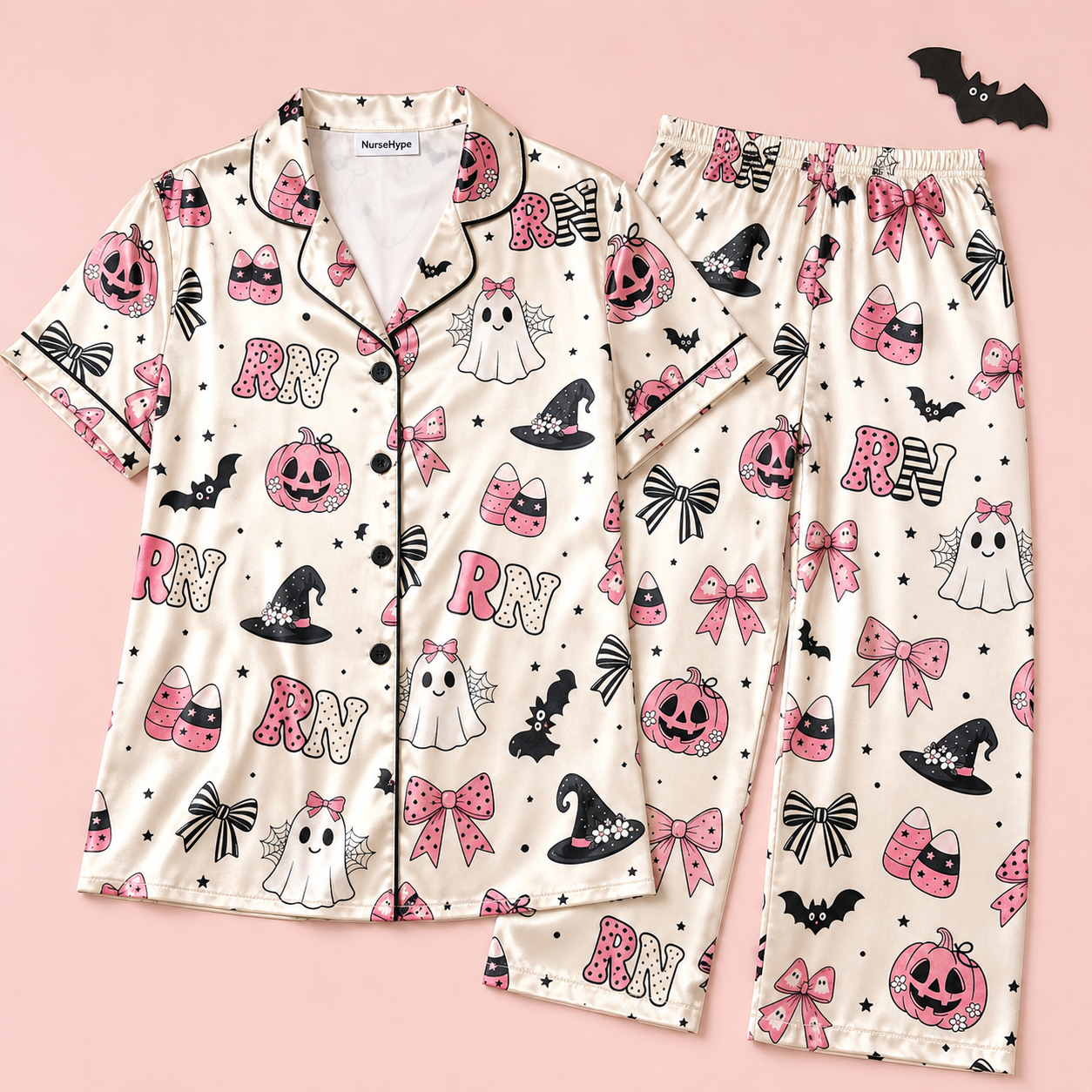 Pink Bow Pumpkin RN Halloween Satin Pajama Set