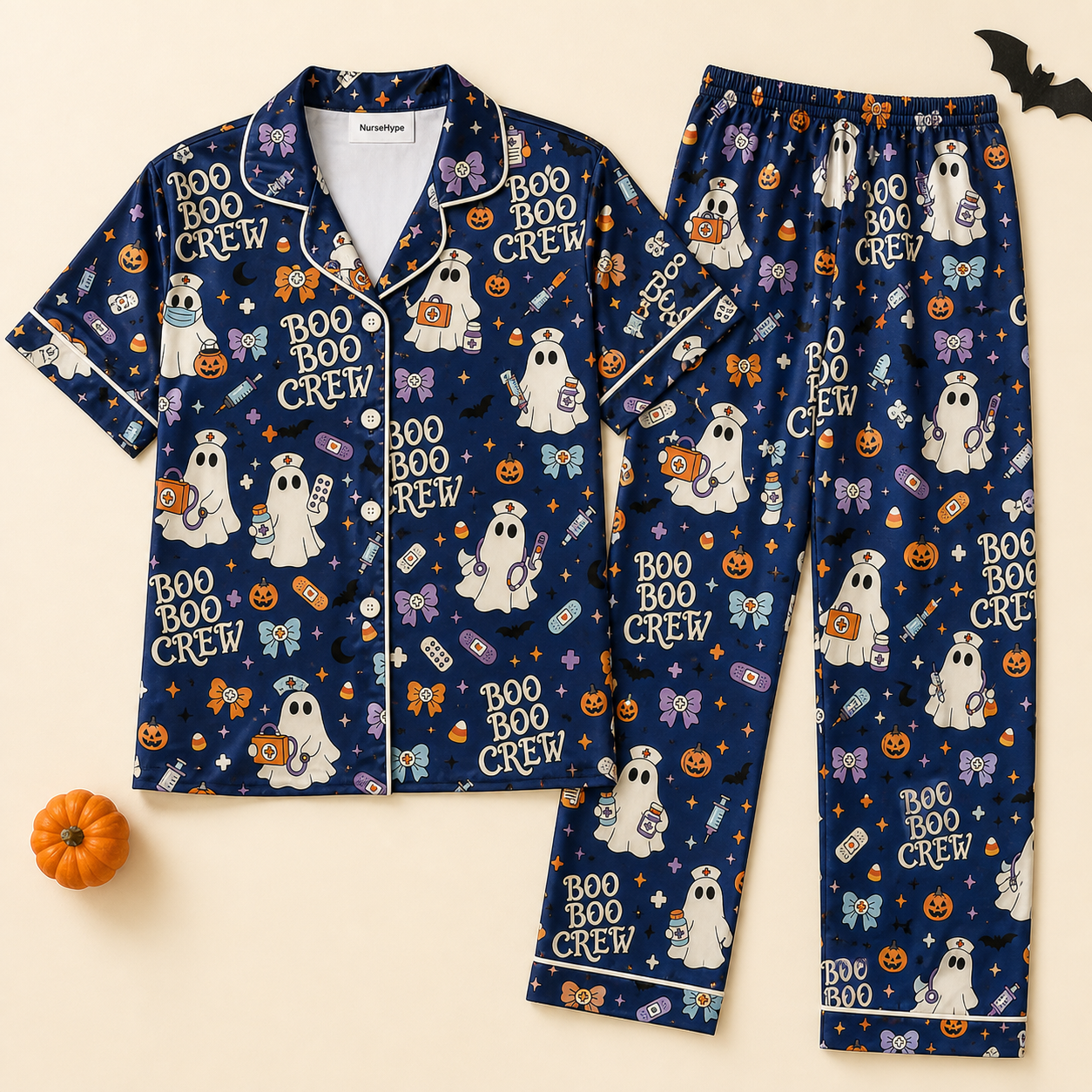 Boo Boo Crew Nurse Ghost Halloween Satin Pajama Set - Long flat lay