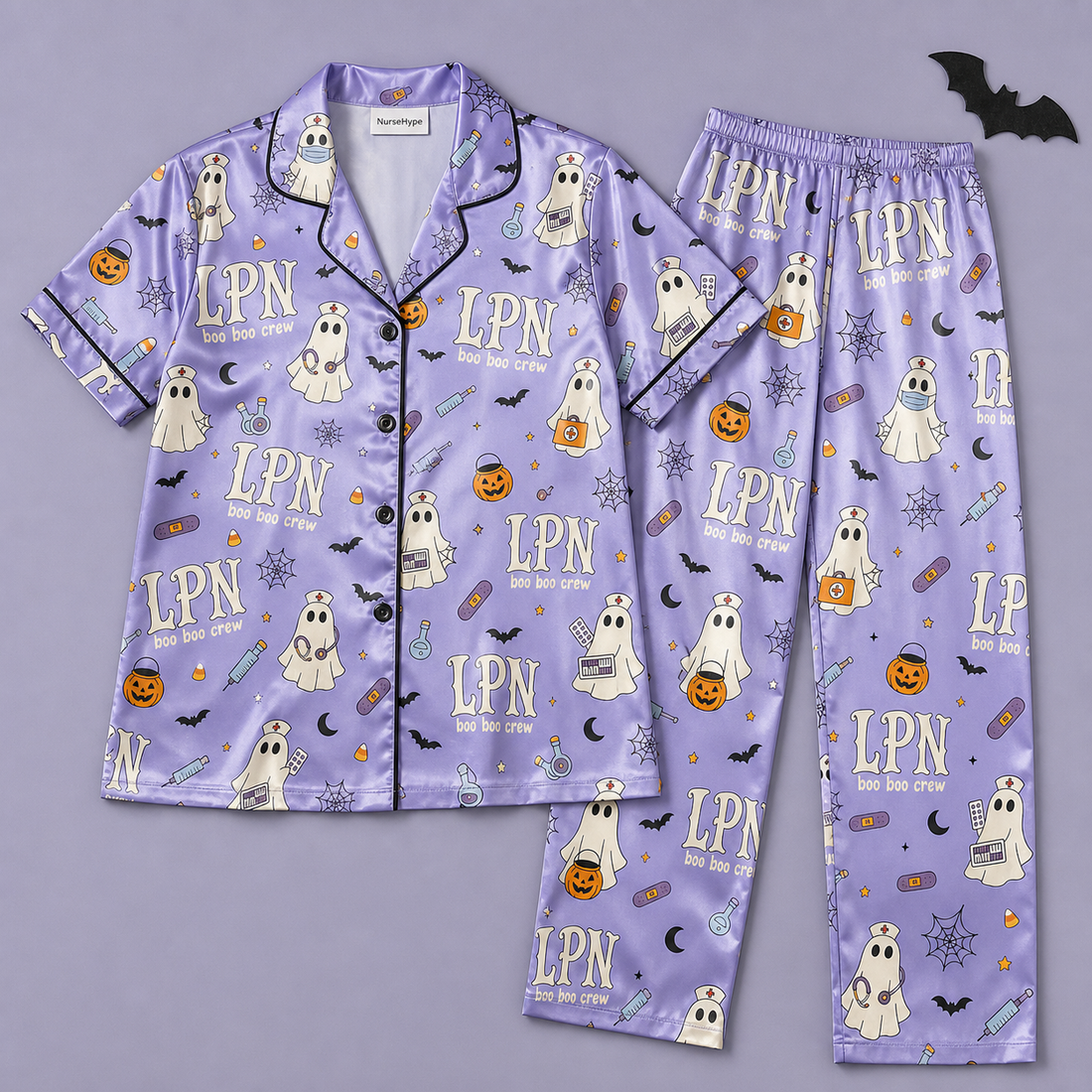 LPN Boo Boo Crew Halloween Ghost Satin Pajama Set - Short flat lay