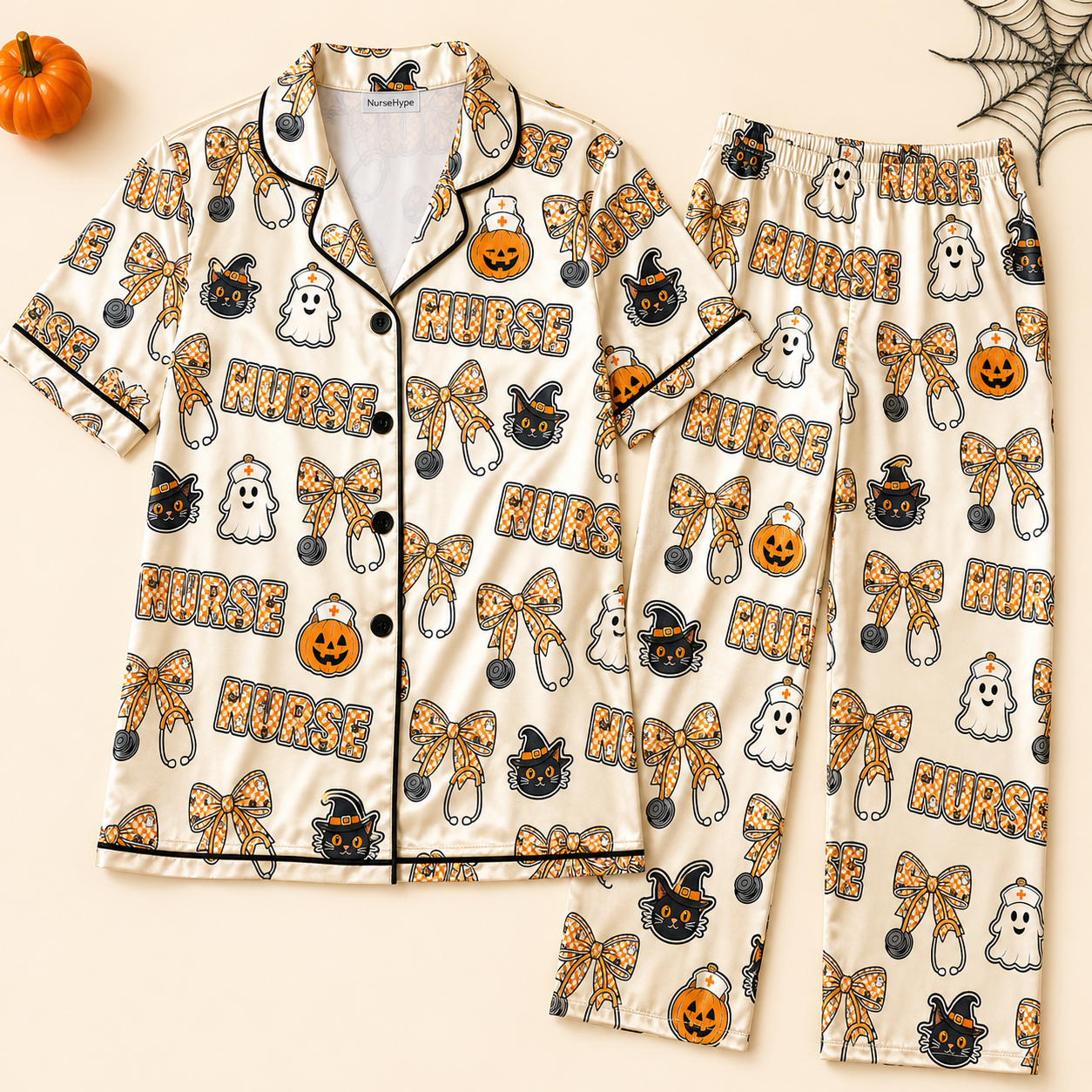 Black Cat Ghost Nurse Halloween Satin Pajama Set