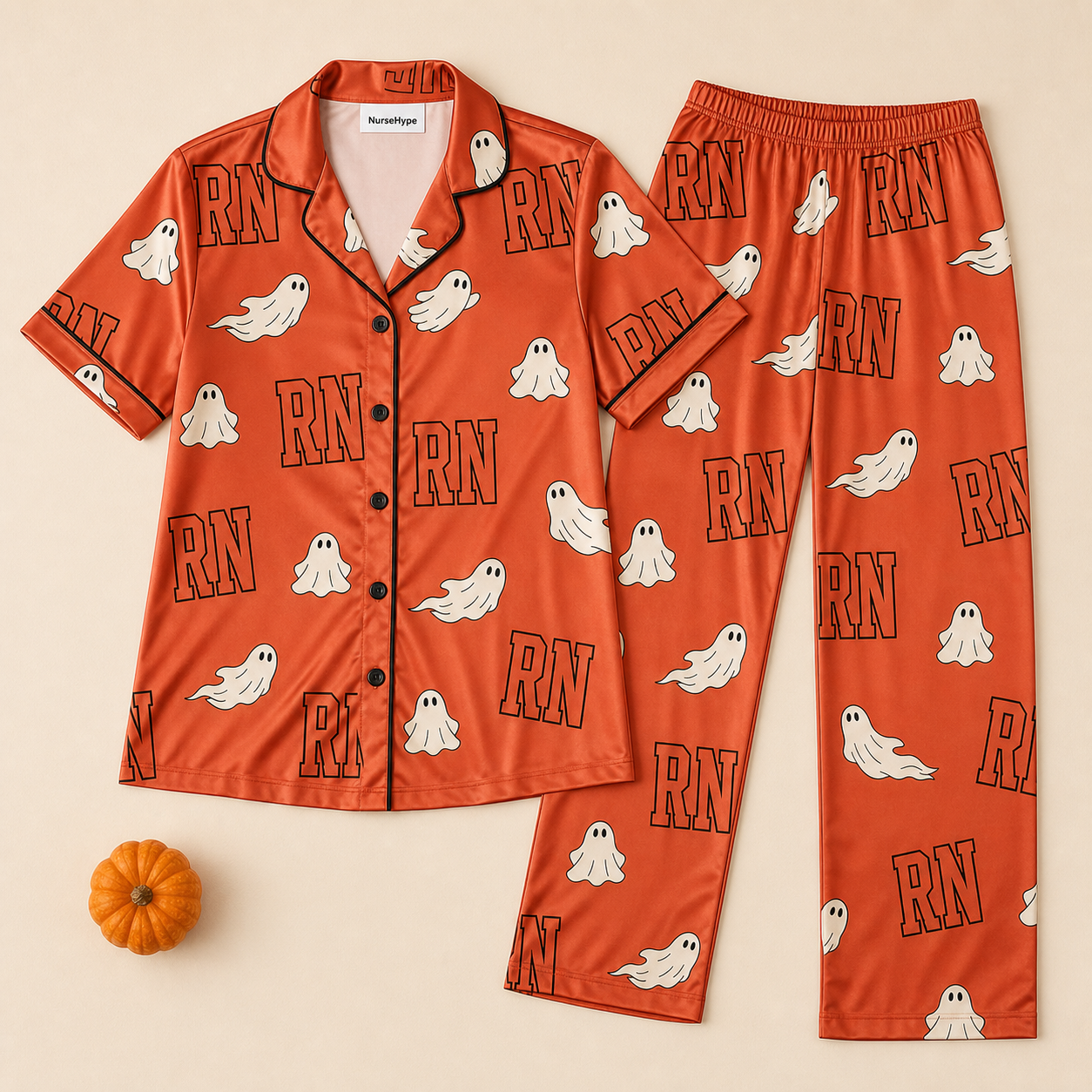 Cute Ghost RN Halloween Satin Pajama Set - Long flat lay