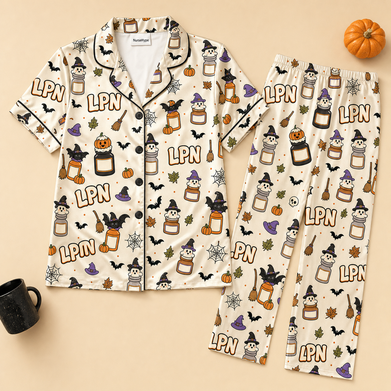 Witch Jar Ghost LPN Halloween Satin Pajama Set - Long flat lay