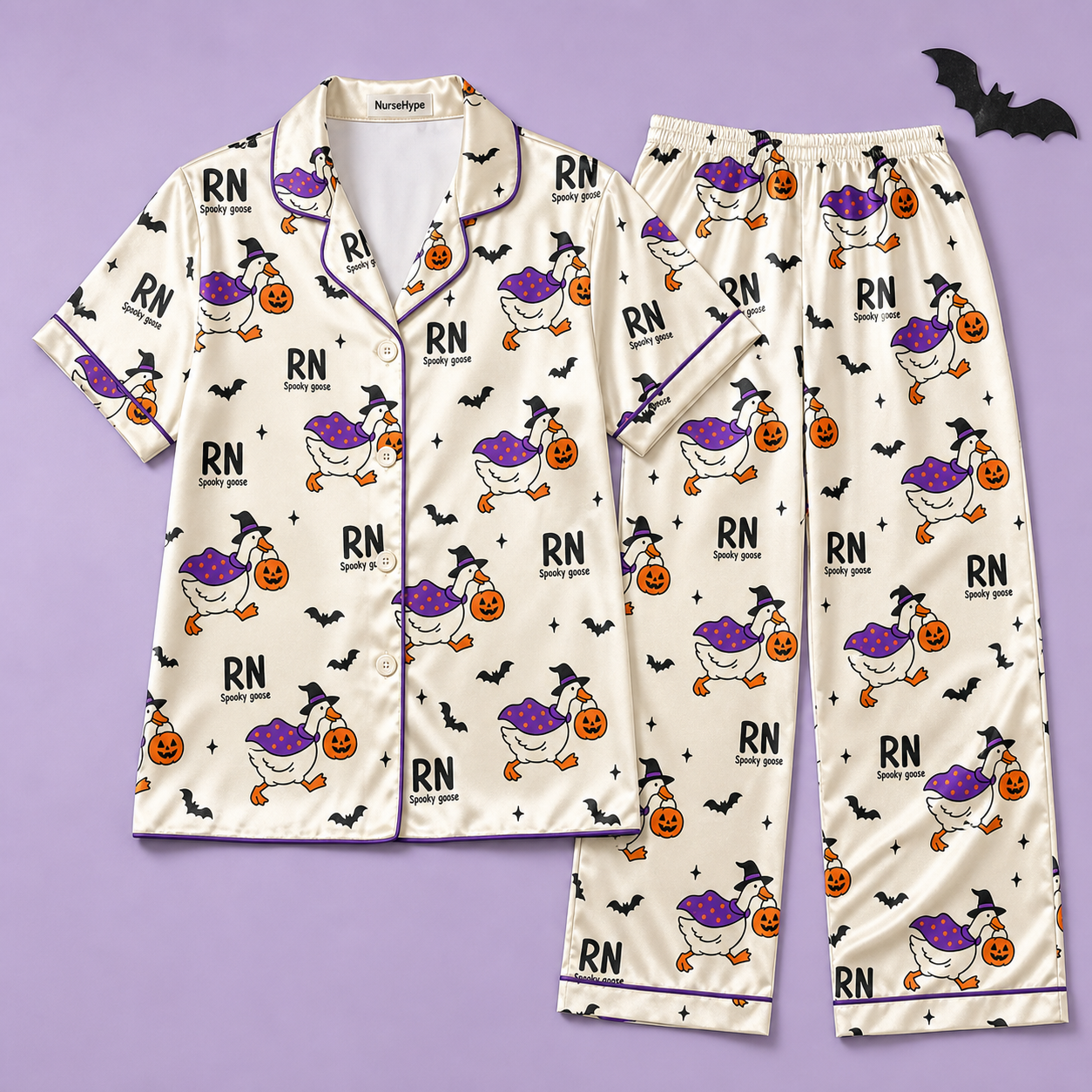 Spooky Goose RN Halloween Satin Pajama Set