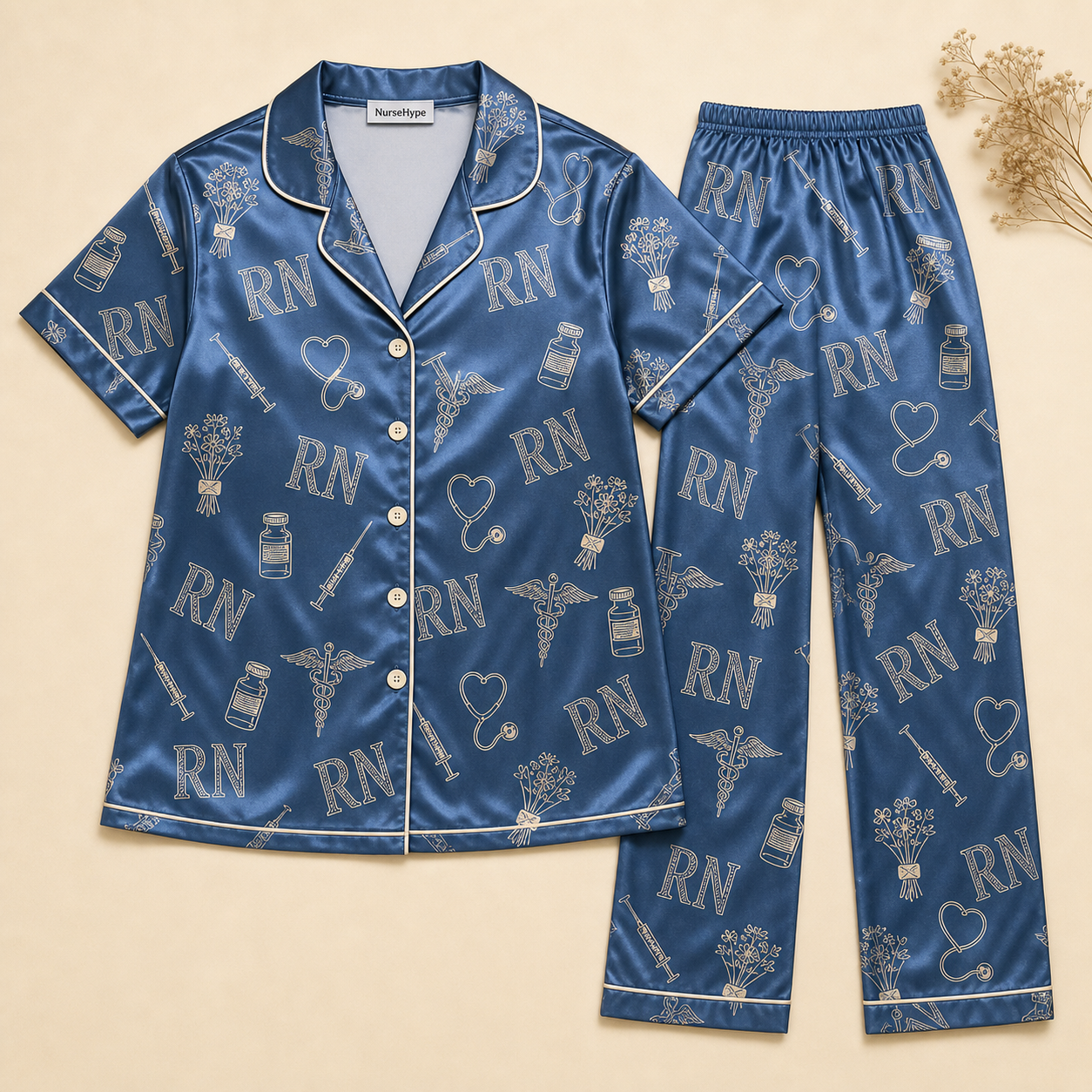 RN Navy Blue Medical Icons Line Art Satin Pajama Set - Long Style Flat Lay