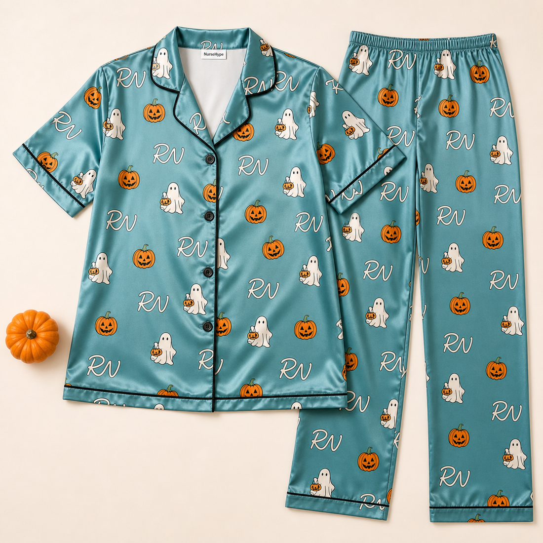 Teal Pumpkin Ghost RN Halloween Satin Pajama Set