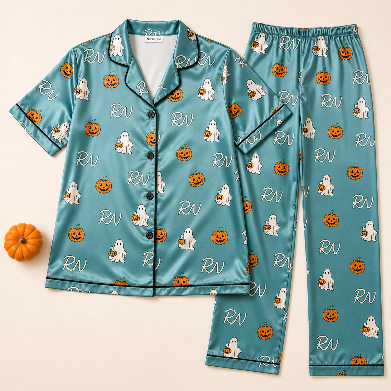Teal Pumpkin Ghost RN Halloween Satin Pajama Set