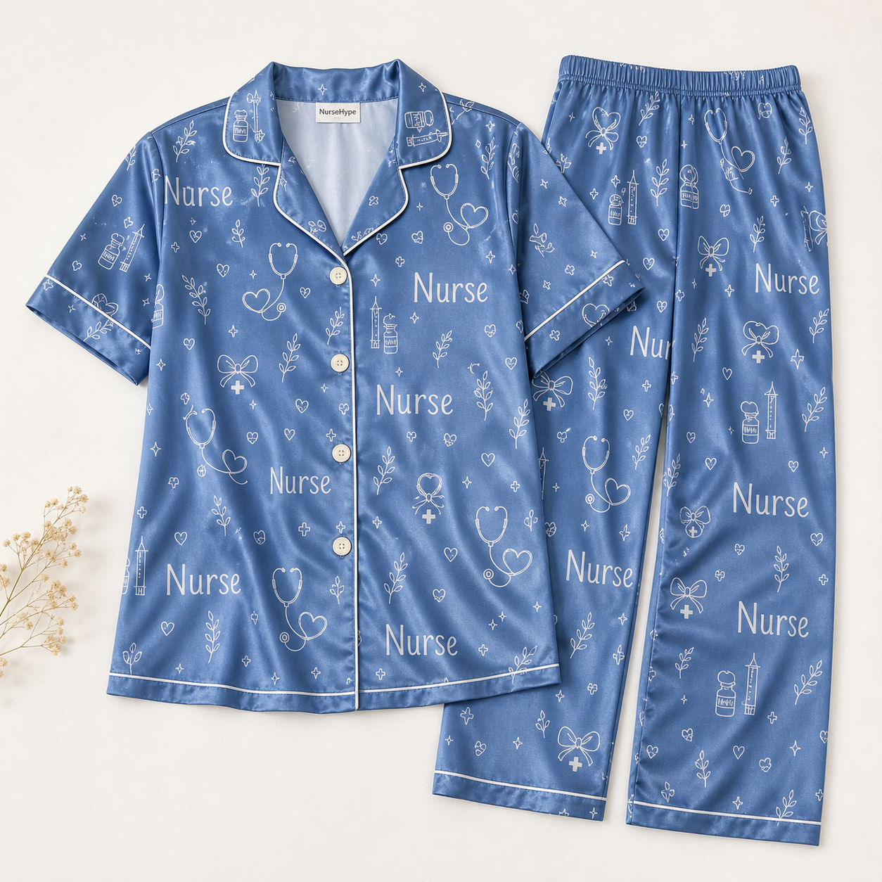 Dainty Nurse Stethoscope Doodle Satin Pajama Set - Long Style Flat Lay