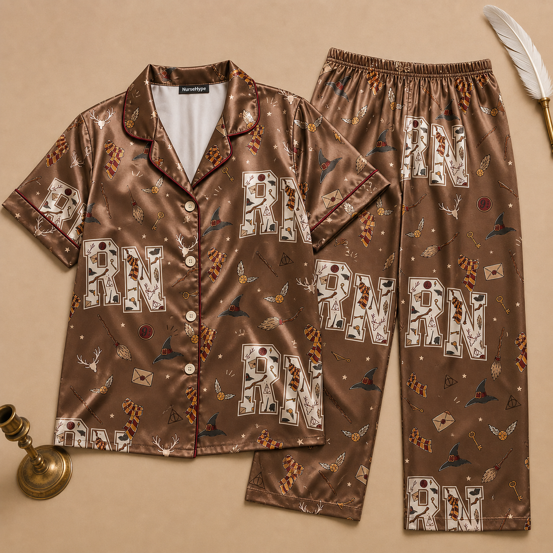 Vintage Wizard RN Brown Satin Pajama Set