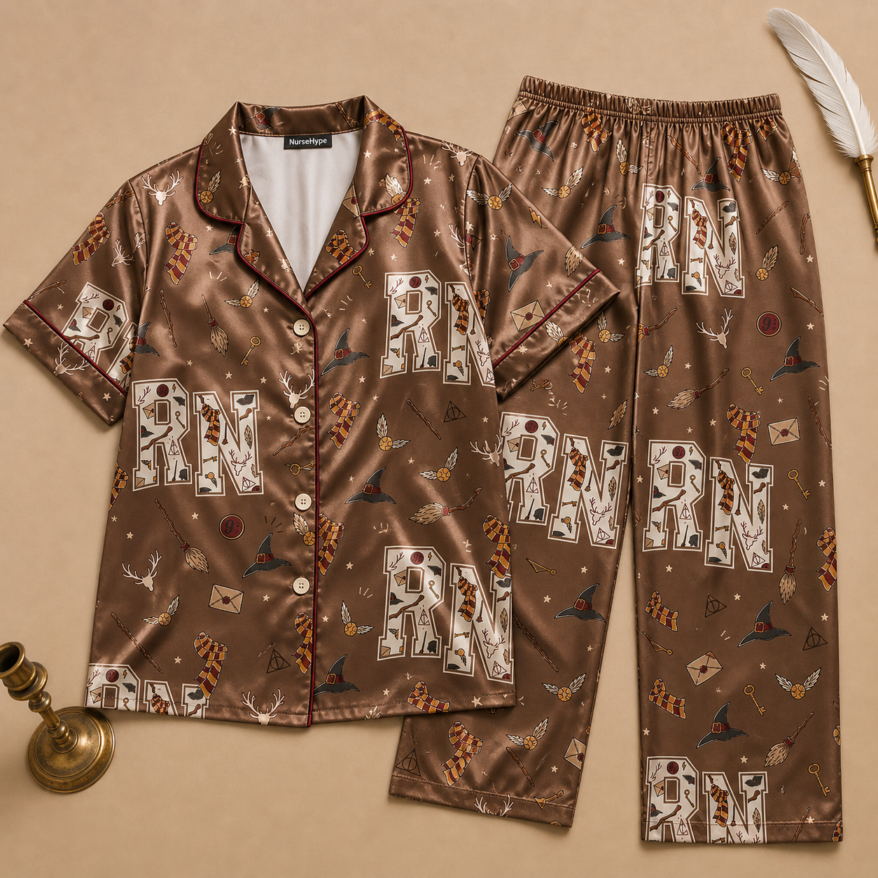 Vintage Wizard RN Brown Satin Pajama Set