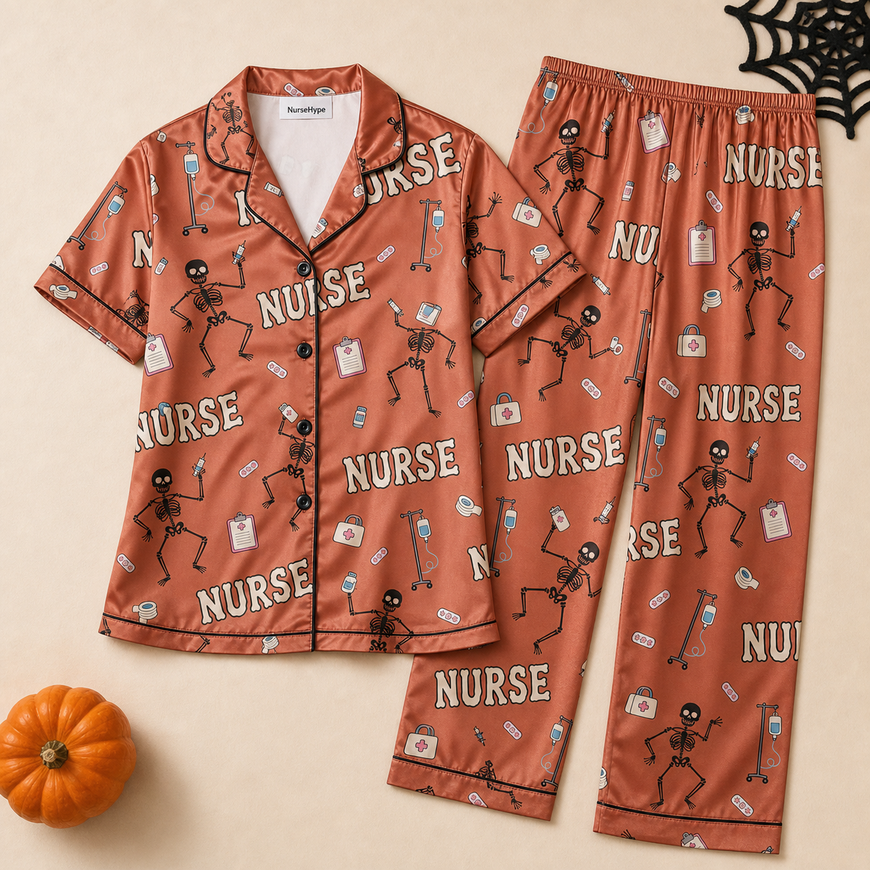 Dancing Skeleton Nurse Halloween Satin Pajama Set - Long flat lay