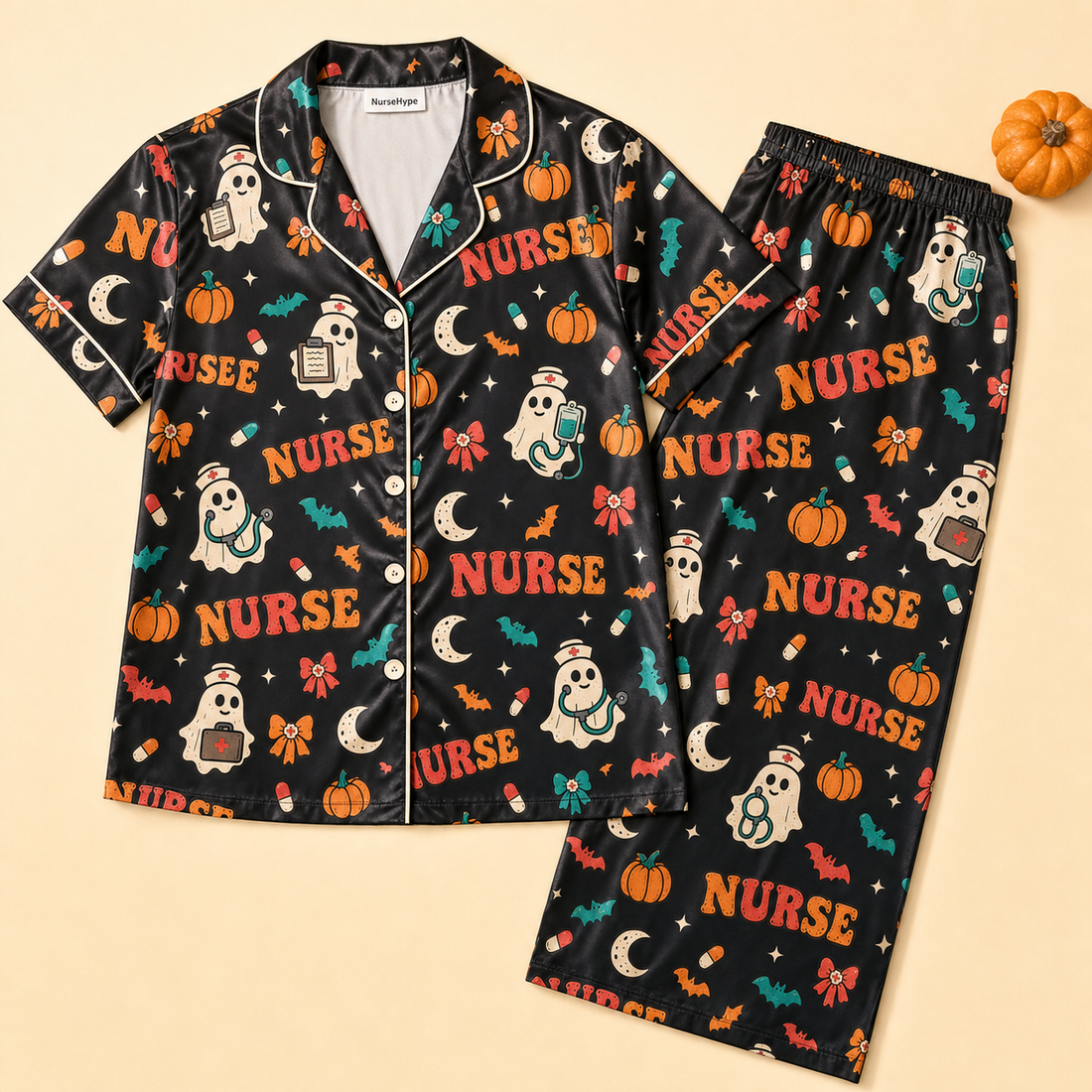 Retro Nurse Ghost Halloween Black Satin Pajama Set - Short flat lay