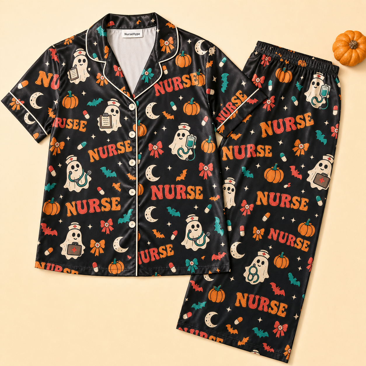 Retro Nurse Ghost Halloween Black Satin Pajama Set - Long flat lay