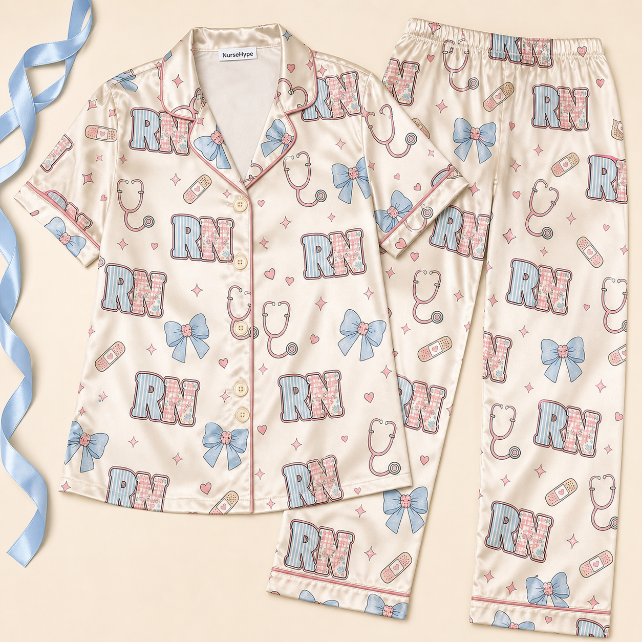 RN Patchwork Stripe Blue Bow Heart Satin Pajama Set - Long Style Flat Lay