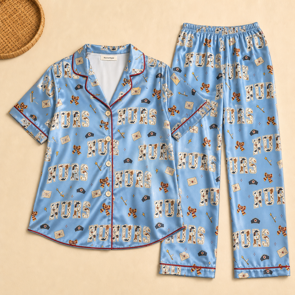 Wizard School Nurse Wand Satin Pajama Set - Long flat lay