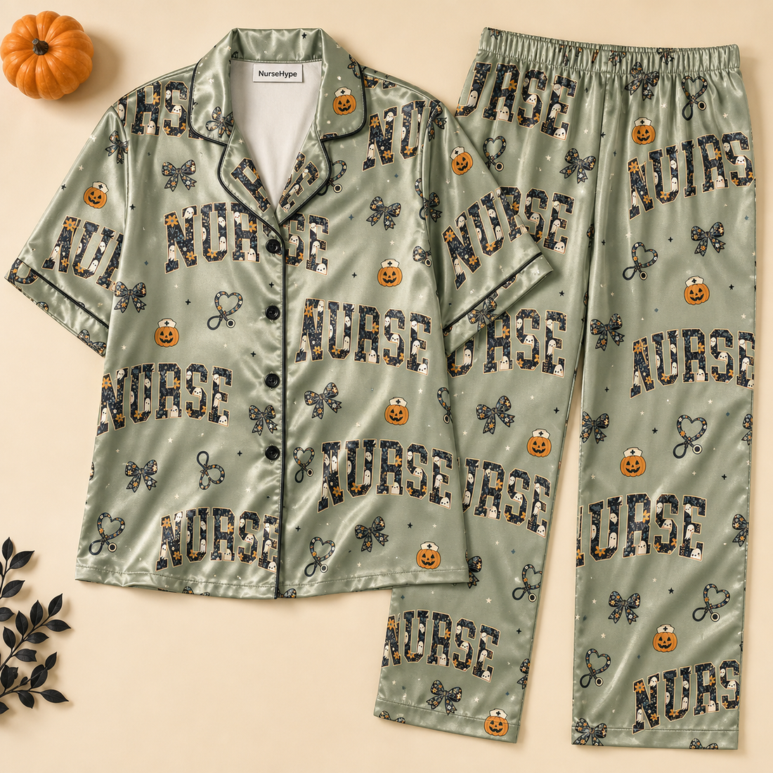 Sage Green Pumpkin Nurse Halloween Satin Pajama Set