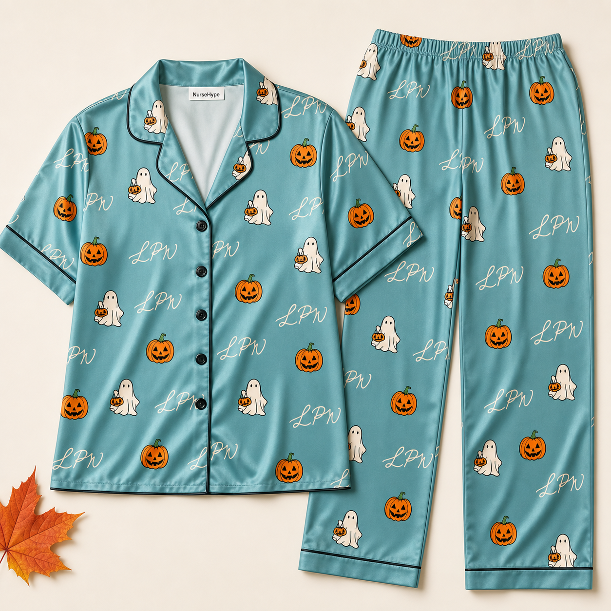 Sage Ghost Pumpkin LPN Halloween Satin Pajama Set - Long flat lay