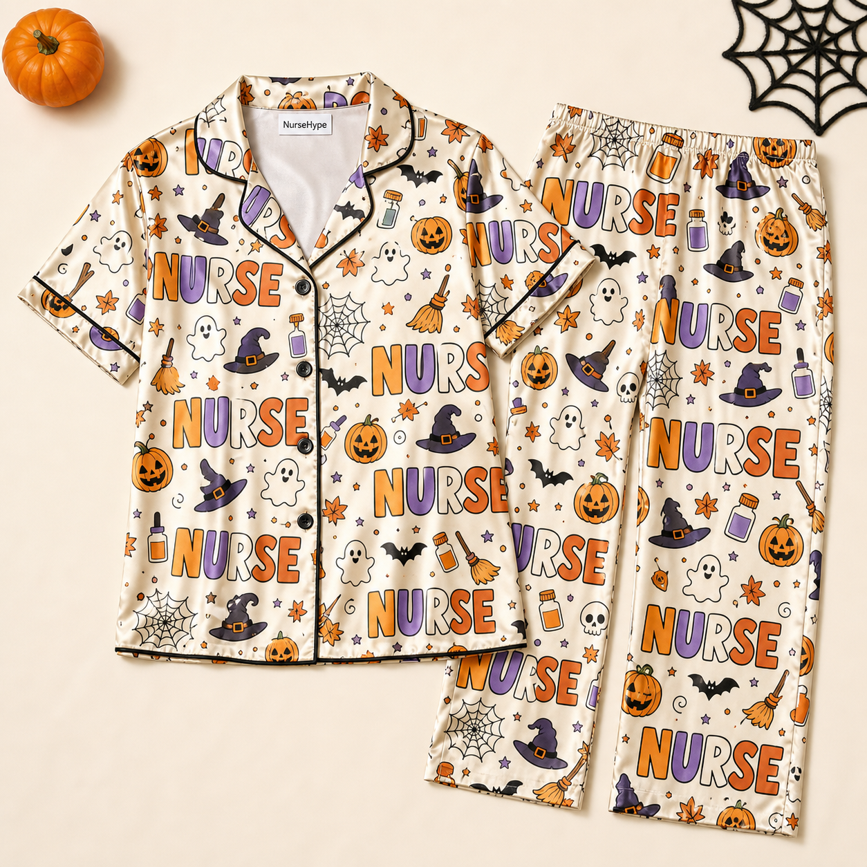 Halloween Nurse Witch Broom Skull Satin Pajama Set - Long flat lay